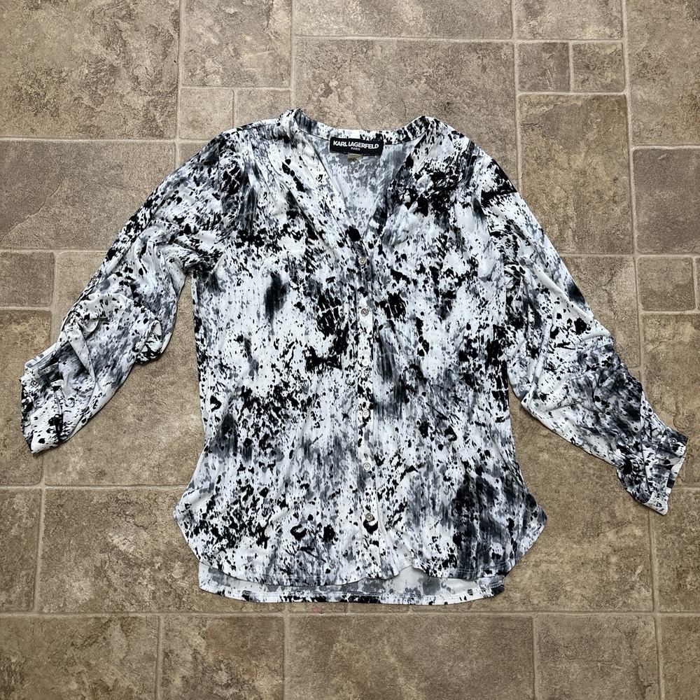 Karl Lagerfeld Paris M Abstract Splatter Print Blouse Black White Ruched Sleeve